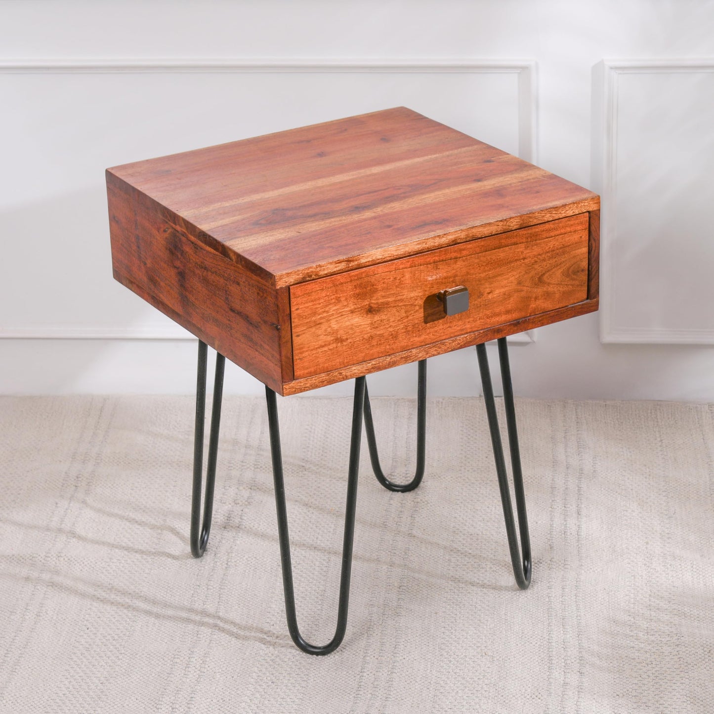 Wood Curls Torino Rustic Side Table with Drawer,Bedside Table,SideTable for Living Room,End Table,Solid Wood, Metal Legs, (45L x 45B x 55.5H) cm,