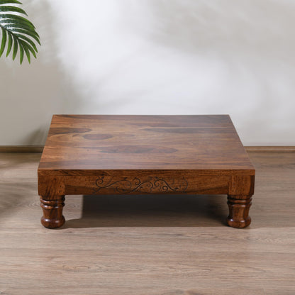 Wood Curls Wooden Puja Chowki with Carved Legs, Traditional Prayer Table, Dark Brown,Sheesham Wood,Puja Table for Home (20 inch x 20 inch x 6.2 inch)