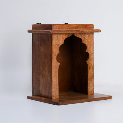 Wood Curls Wooden Wall Hanging Pooja Temple,Mandir for Small Spaces, Temple for Home,Traditional Arch Design, Sheesham Wood,Brown Finish(12inch L x 13.5inch H)