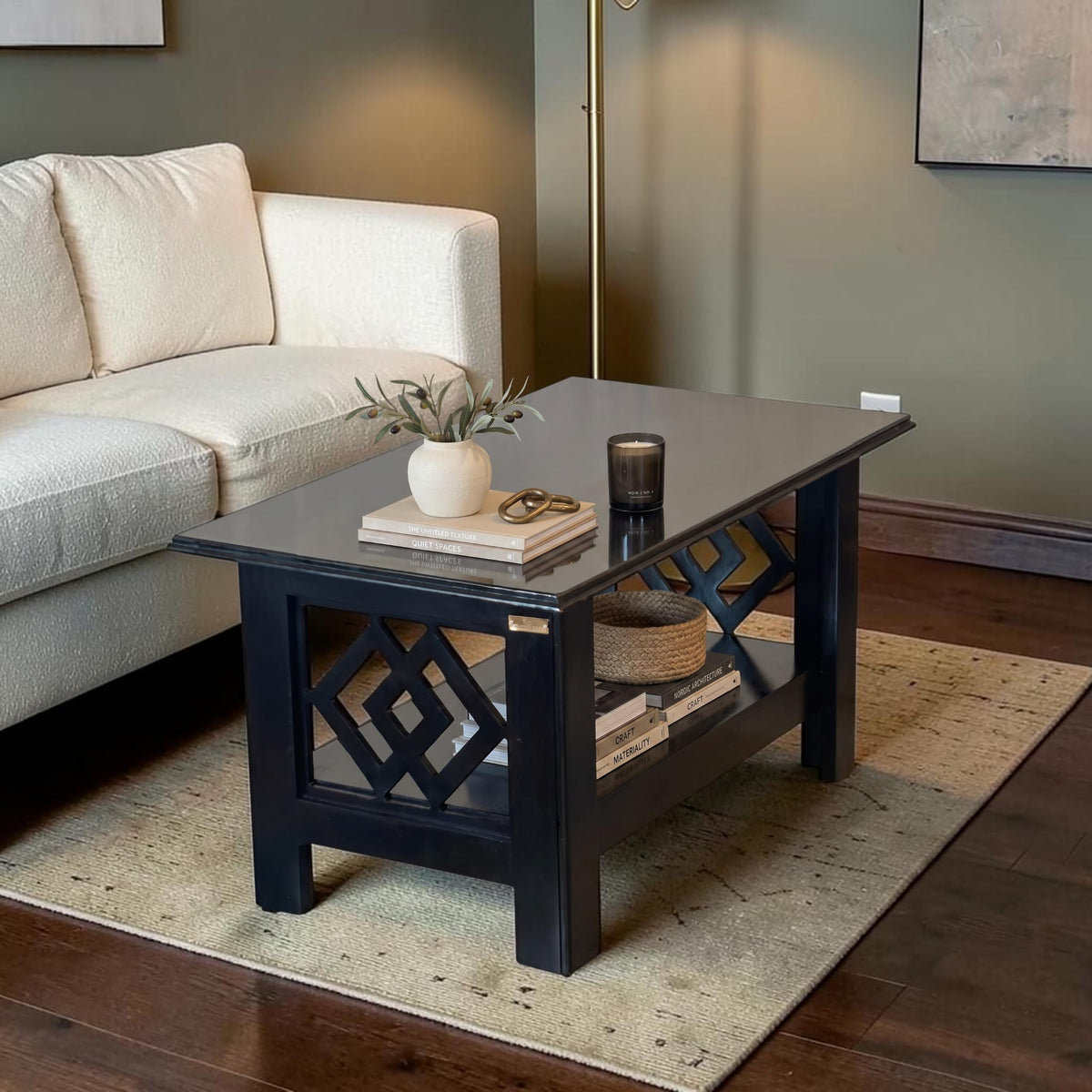 Modern Geometric Black Coffee Table with Lower Shelf