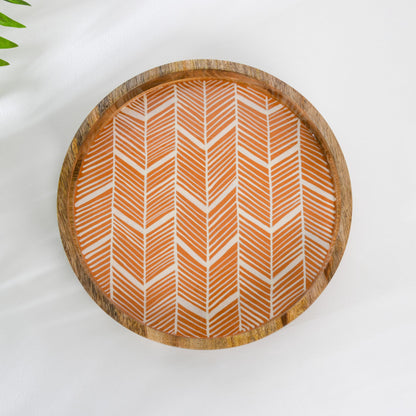 Wood Curls Handpainted Round Wooden Tray with Geometric Enamel Base,Decorative & Serving Tray for Coffee, Tea & Snacks, Multipurpose Serving Tray(11 inches Diameter x 1.8 inches Height)