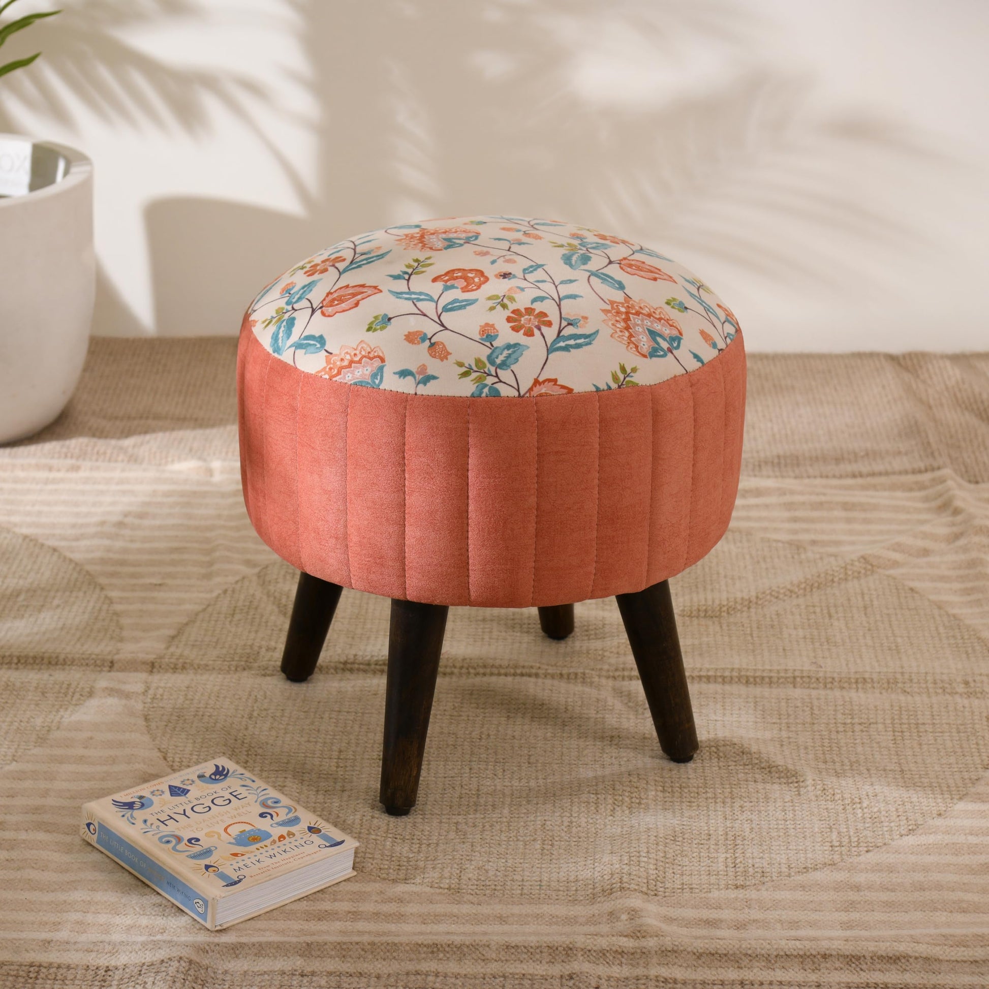 floral upholstered ottoman stool

pouffe stool with mango wood legs

decorative footrest seating furniture

floral accent stool living room