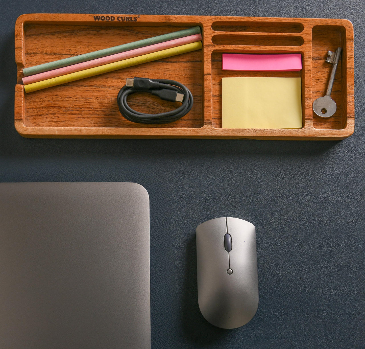 Wood Curls Wooden Desk Organiser Tray with Compartments,Storage Organiser for Home,Office,Designed for Stationery and Mobile Phones,Table Organiser,Acacia Wood,Natural Finish (32.5LX11.5WX2H cm),Brown