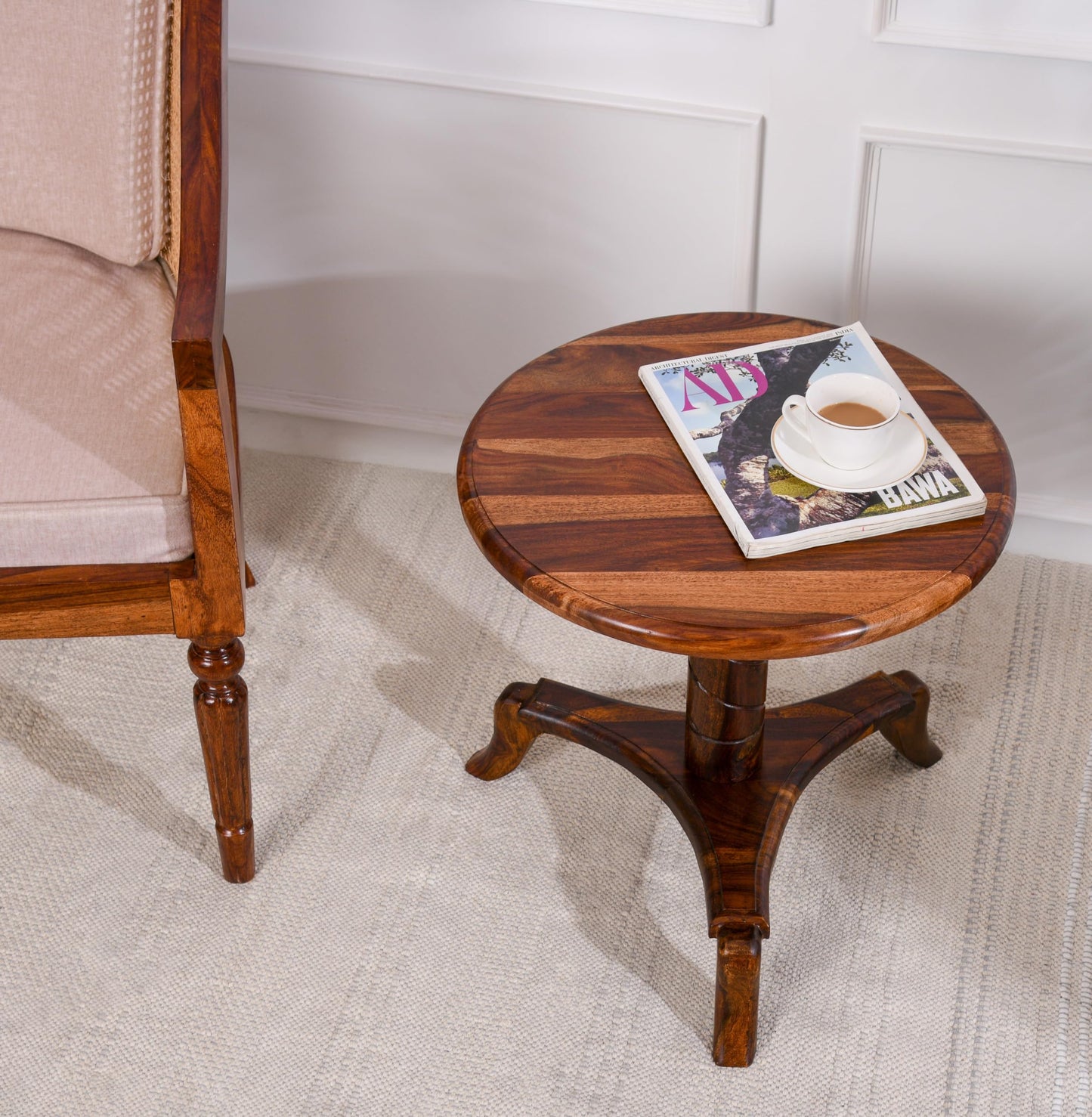 Wood Curls Zenith Solid Wood Round End Table for Living Room,Bedroom,Office|Bedside Table|End Table for Office| Coffee Table| Natural Wood Finish| Space Saving Table|Size(48 cm(D) x 49 cm(H)