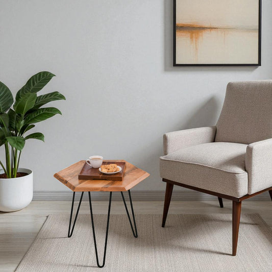 Wood Curls Vivo Solid Wood Side Table|End Table for Living Room,Bedroom,Office|Space Saving End Table|Table with Metal Legs|Center Table for Office & Home|Hexagon Shape|Natural Finish