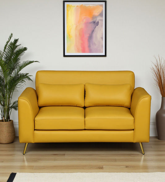 Wood Curls Aurelia Mustard Two-Seater Sofa ,Modern Leatherette Sofa with Golden Legs(57 inch Lx 25.5 inch H)