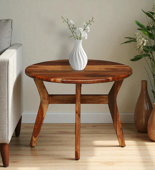 Wood Curls Cascade Sheesham Wood Center Table | Coffee Table for Living Room | Round Tipoy for Office & Home | Natural Wood Finish(18inch Height x 24inch Width)