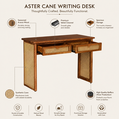 Aster Solid Acacia Wood Cane Console Desk