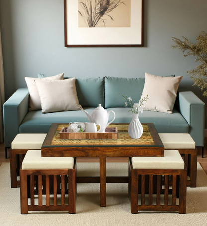 Wood Curls Quadra Sheesham Wood Nesting Coffee Table Set in Walnut Finish With Cushioned Stools