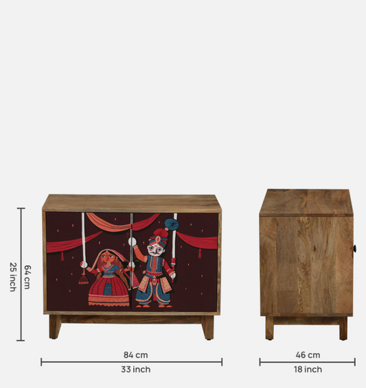 Wood Curls Mango Wood Hand-Painted Two-Door Cabinet – Multicolor Puppet Art Design, Natural Finish