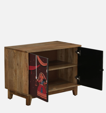 Wood Curls Mango Wood Hand-Painted Two-Door Cabinet – Multicolor Puppet Art Design, Natural Finish