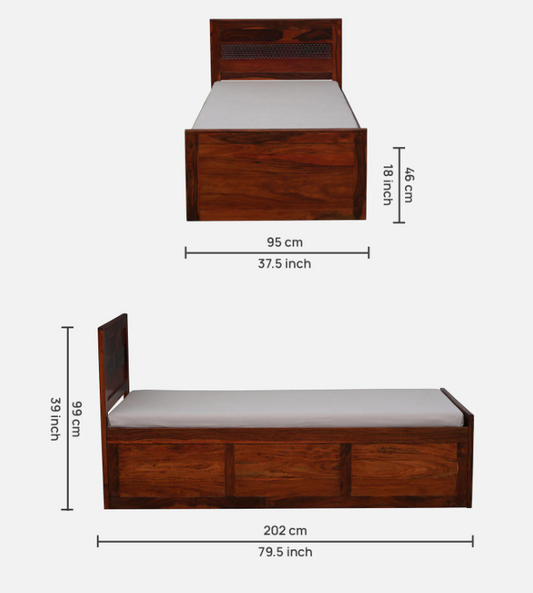 Wood Curls Sereno Sheesham Wood Single Bed In Honey Oak Finish With Box Storage