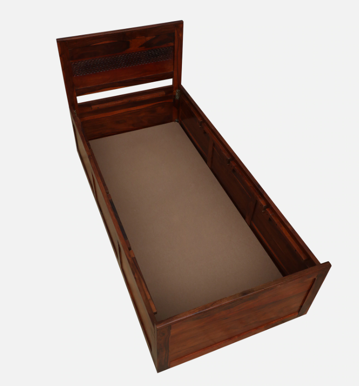 Wood Curls Sereno Sheesham Wood Single Bed In Honey Oak Finish With Box Storage