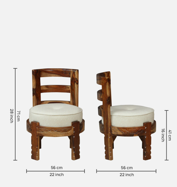 Wooden chair with white cushion and dimensions on a white background