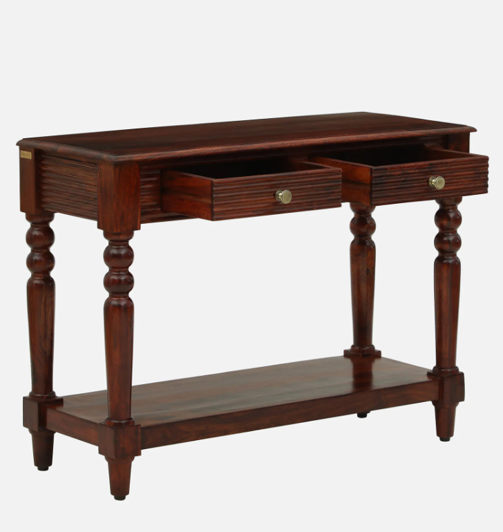 Wood Curls Aurea  Sheesham Wood Console Table In Honey Oak Finish With Drawers