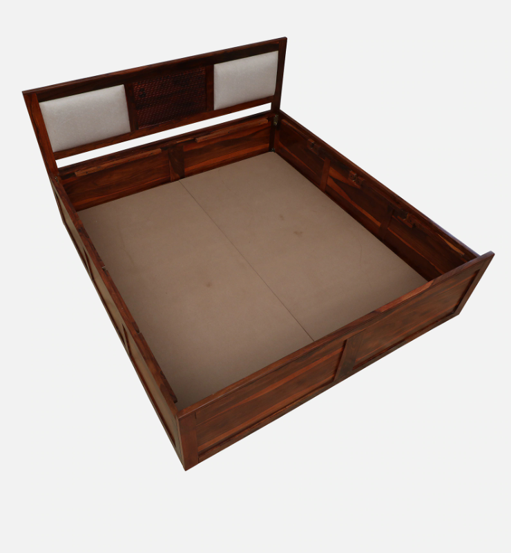 Wood Curls Arbor Sheesham Wood King Size Bed In Honey Oak Finish With Box Storage
