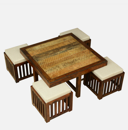 Wood Curls Quadra Sheesham Wood Nesting Coffee Table Set in Walnut Finish With Cushioned Stools