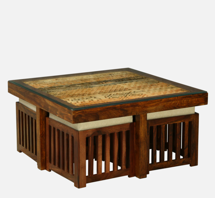 Wood Curls Quadra Sheesham Wood Nesting Coffee Table Set in Walnut Finish With Cushioned Stools