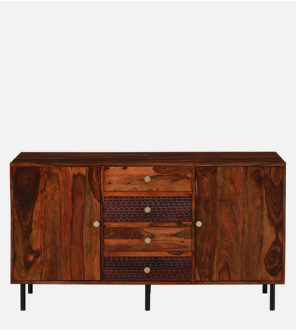 Wood Curls Elyssian Sheesham Wood 2 Door Sideboard In Honey Oak Finish With 4 Drawers