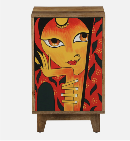 Wood Curls Nayika Mango Wood Hand Painted Multicolor One Door Cabinet In Natural Finish