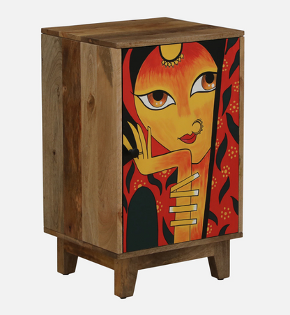 Wood Curls Nayika Mango Wood Hand Painted Multicolor One Door Cabinet In Natural Finish