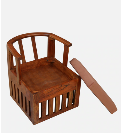 Wood Curls TimberNest Artisanal Acacia Wood Slipper Chair with Cushion, Natural Finish, Slat Design, Living Room Seating (Dimensions :H 21 x W 19 x D 24 inches)