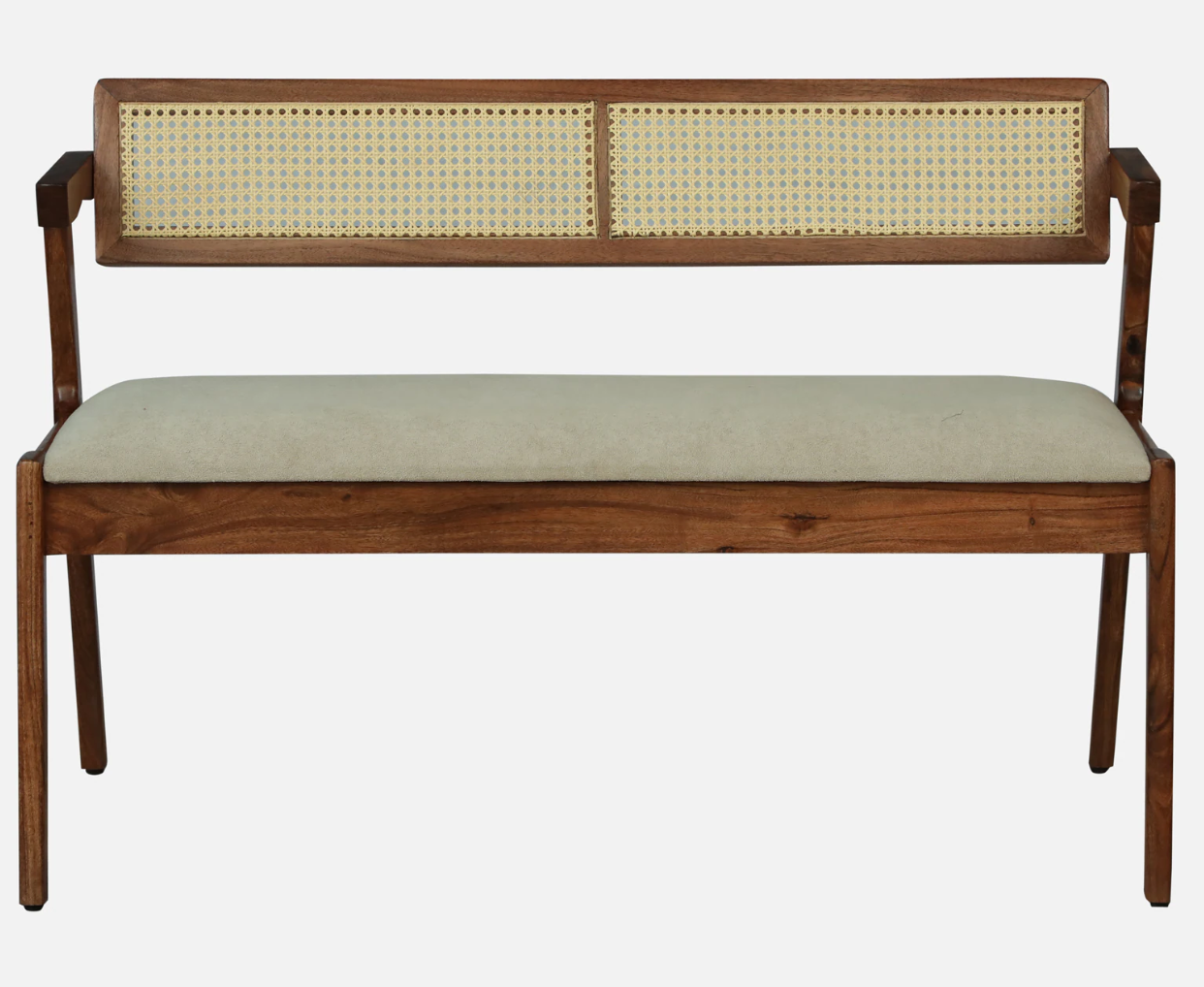 Oslen 2 Seater Wooden Bench with Upholstered Seat & Cane Backrest