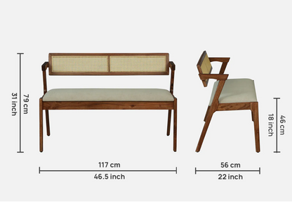 Oslen 2 Seater Wooden Bench with Upholstered Seat & Cane Backrest