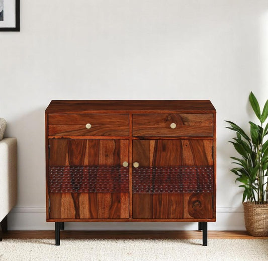 Wood Curls Elyssian Sheesham Wood 2 Door Sideboard In Honey Oak Finish With 2 Drawers