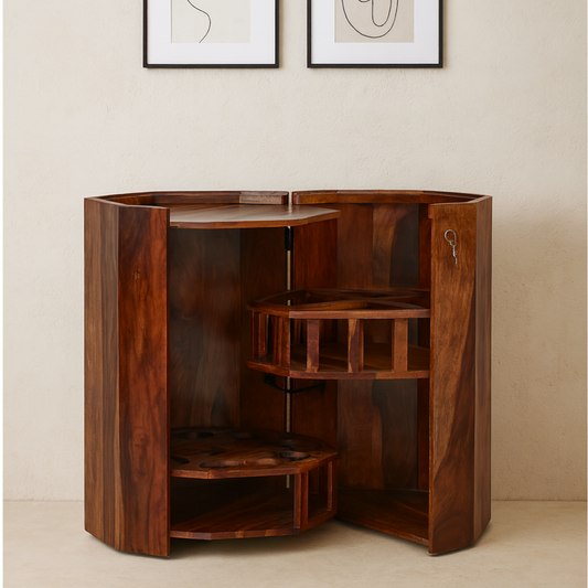 sheesham wood octagon bar cabinet natural finish

handcrafted solid wood bar cabinet for home

wooden liquor cabinet furniture for Indian interior

sheesham wood storage bar cabinet décor