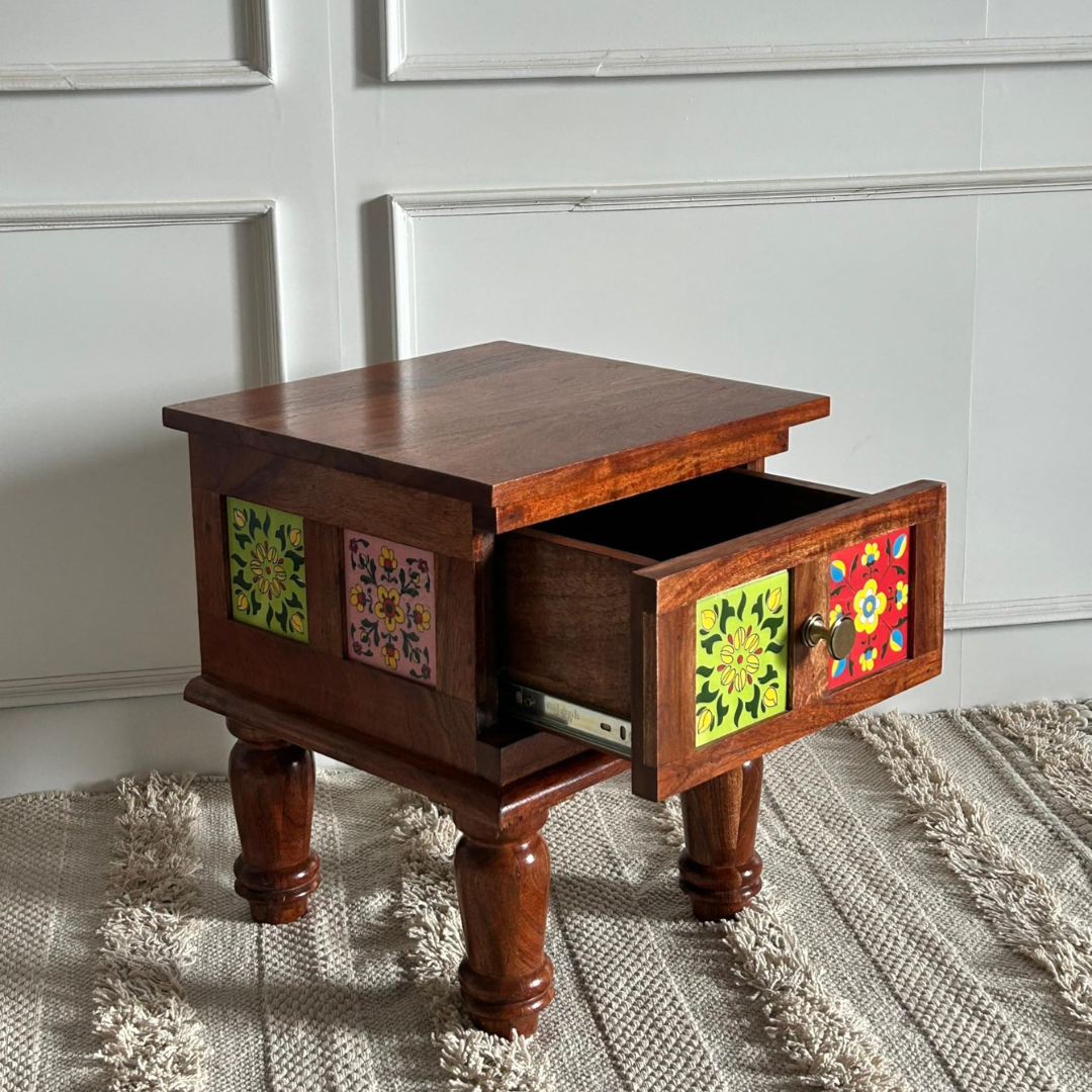Wood Curls Handcrafted Wooden Bedside Table with Ceramic Tile Inlay, Floral Design Drawers, Turned Legs, Sheesham Wood[36cm(L) x 39cm(W) x 43cm(H)]