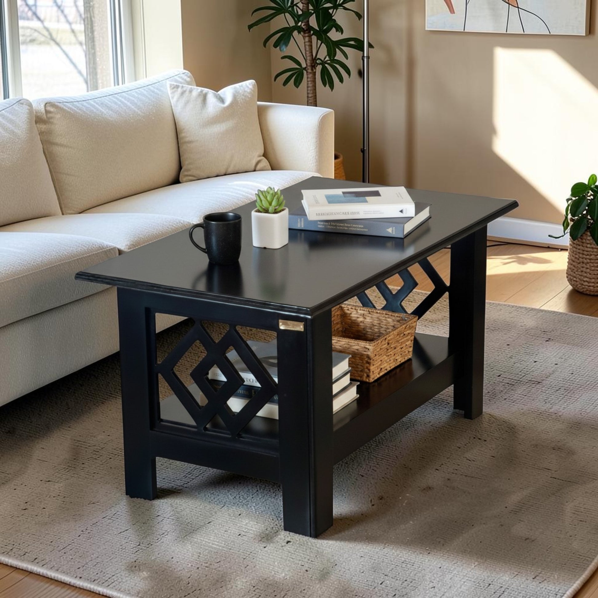 Modern geometric black centre table with lower shelf in living room
