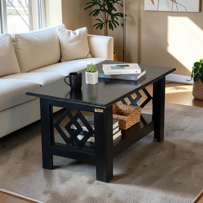 Modern geometric black centre table with lower shelf in living room