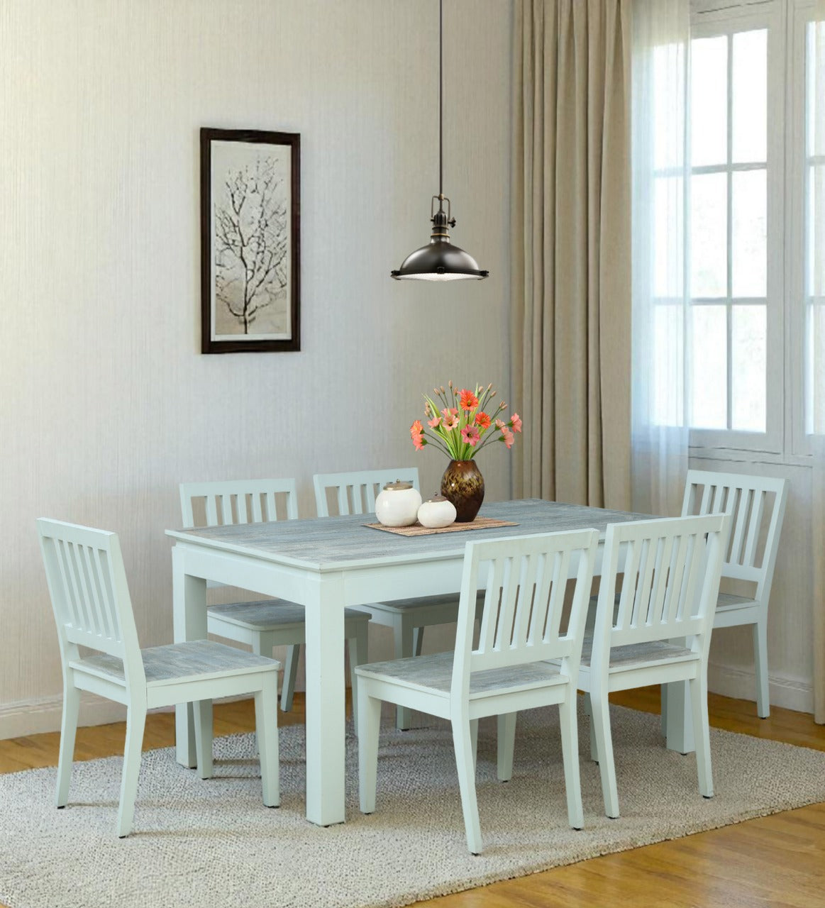 Wood Curls Mistwood Mango Wood 6 Seater Dining Table In White Wirebrush Finish