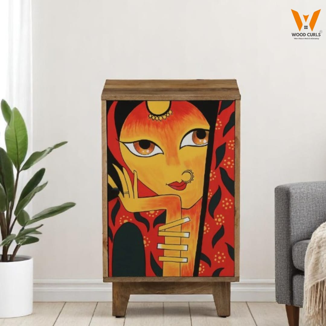 Wood Curls Nayika Mango Wood Hand Painted Multicolor One Door Cabinet In Natural Finish