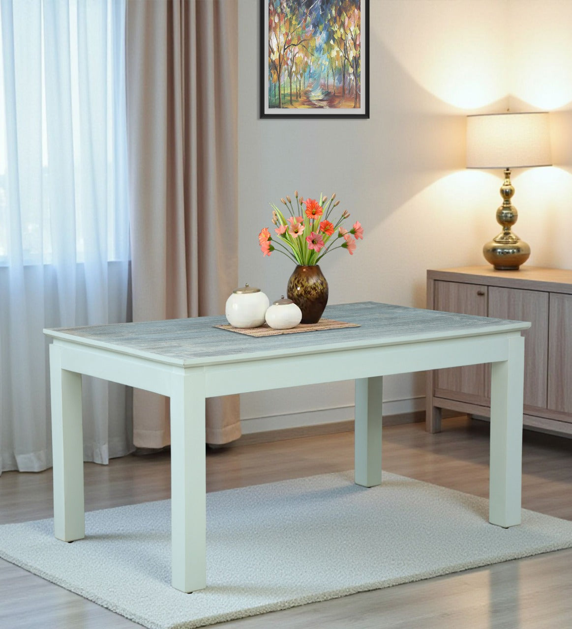 Wood Curls Mistwood Mango Wood 6 Seater Dining Table In White Wirebrush Finish