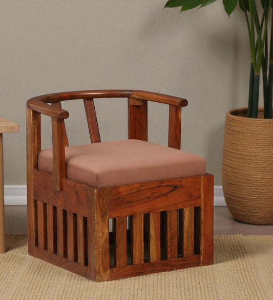 Wood Curls TimberNest Artisanal Acacia Wood Slipper Chair with Cushion, Natural Finish, Slat Design, Living Room Seating (Dimensions :H 21 x W 19 x D 24 inches)