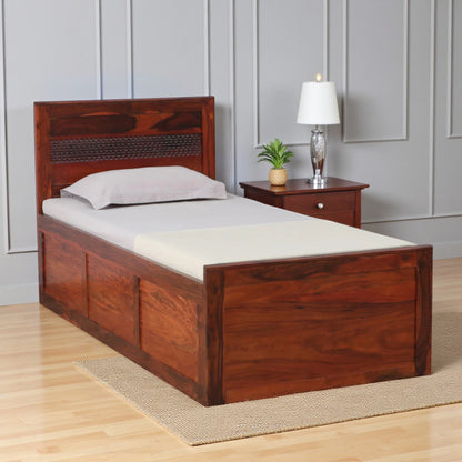 Sheesham wood single bed with box storage honey oak finish

Solid wood single bed with storage for bedroom

Honey oak finish wooden single bed frame

Storage compartment inside Sheesham wood bed