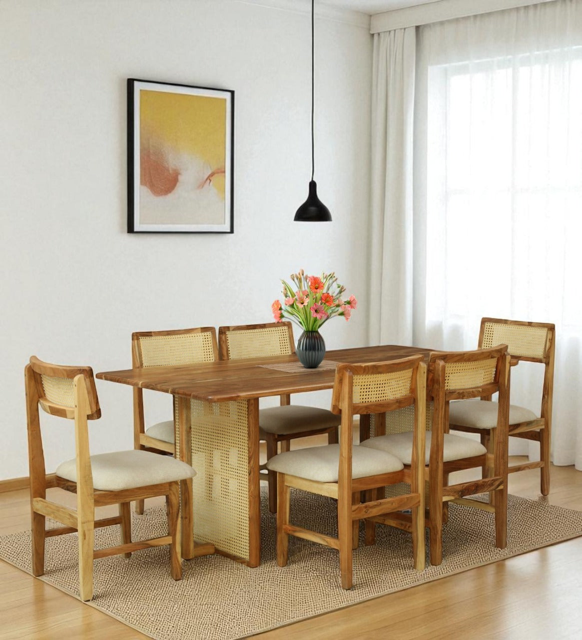 Wood Curls Arista Acacia Wood 6 Seater Dining Set In Natural Finish