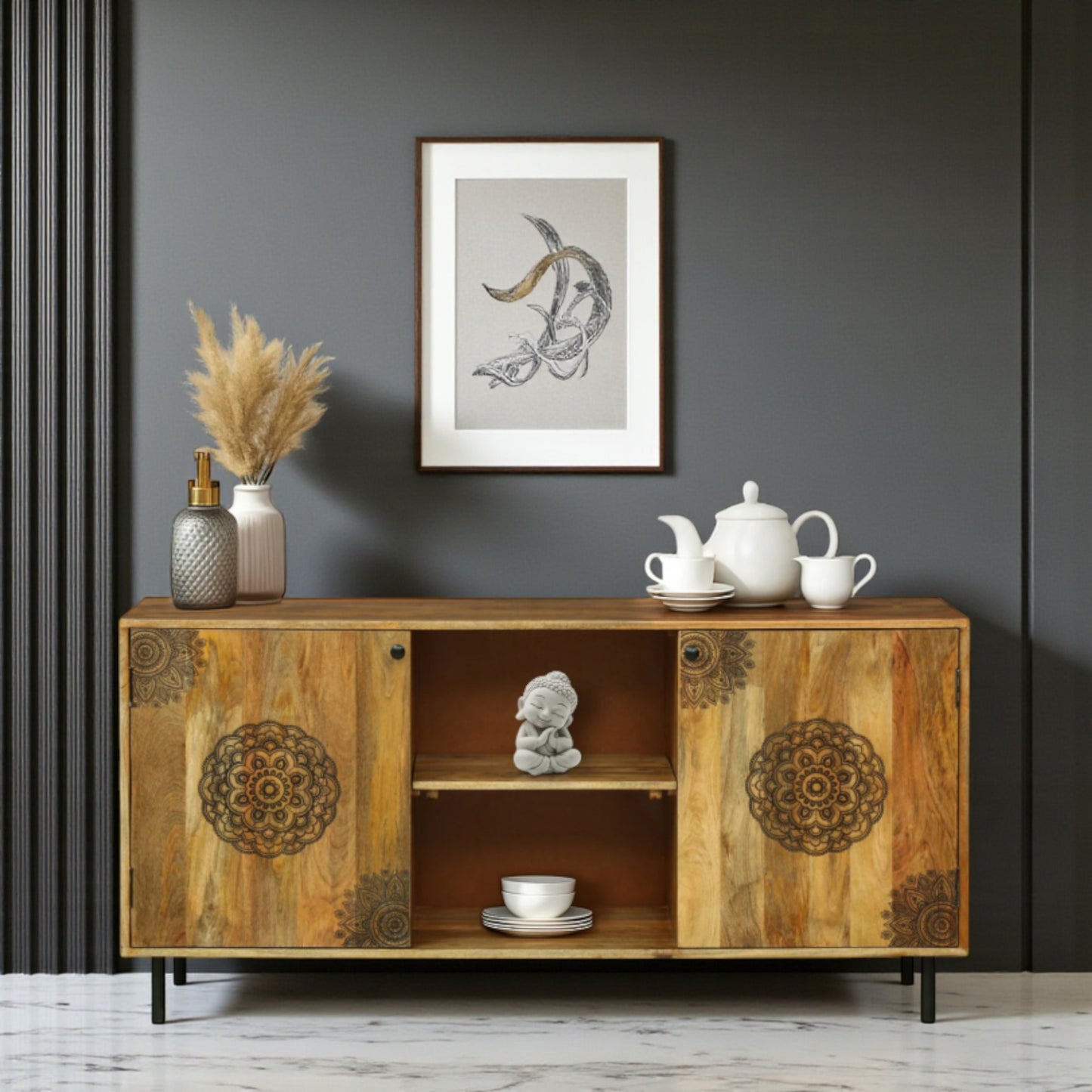 mango wood cabinet with mandala carving