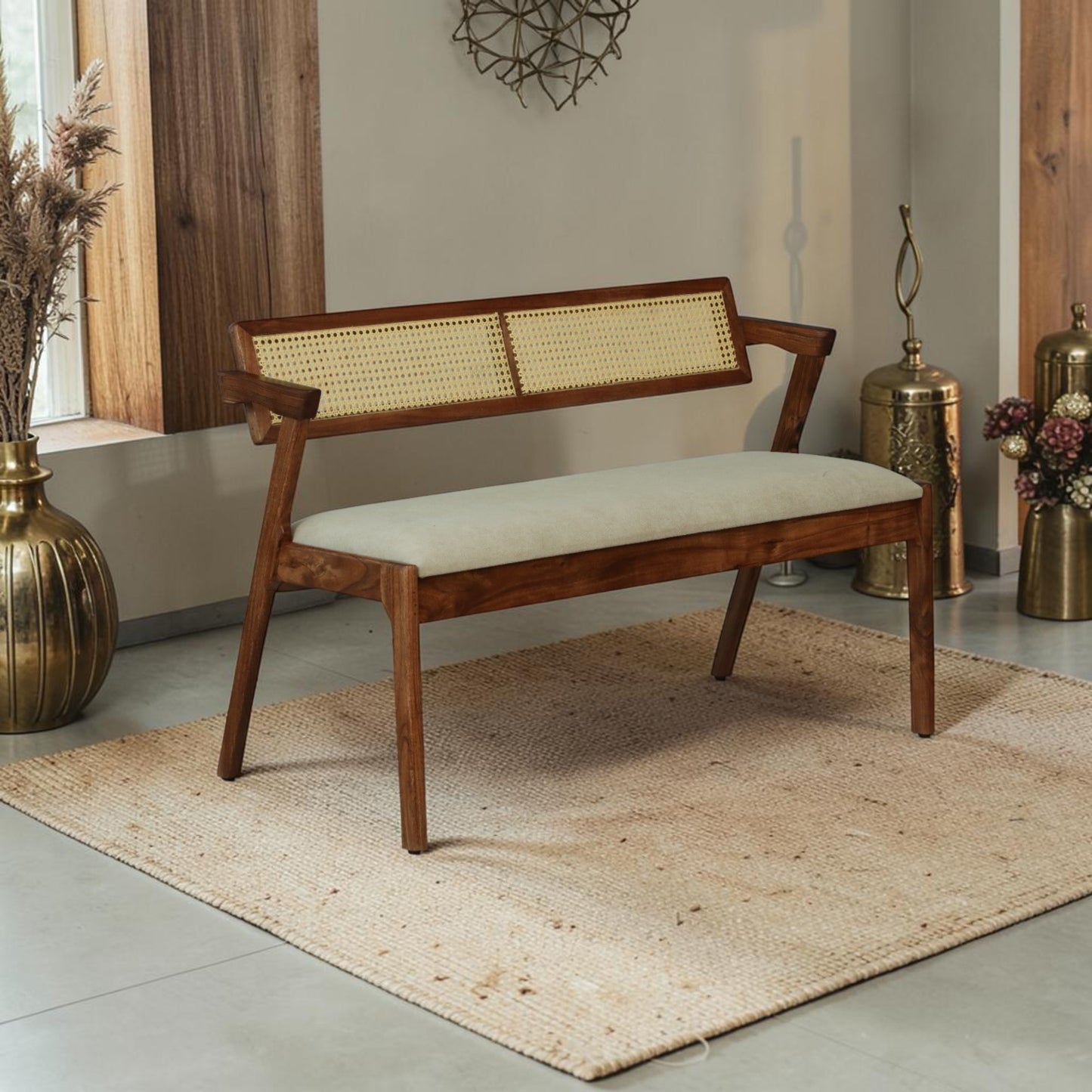 Modern wooden 2 seater bench with cane backrest
