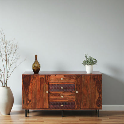 Wood Curls Elyssian Sheesham Wood 2 Door Sideboard In Honey Oak Finish With 4 Drawers