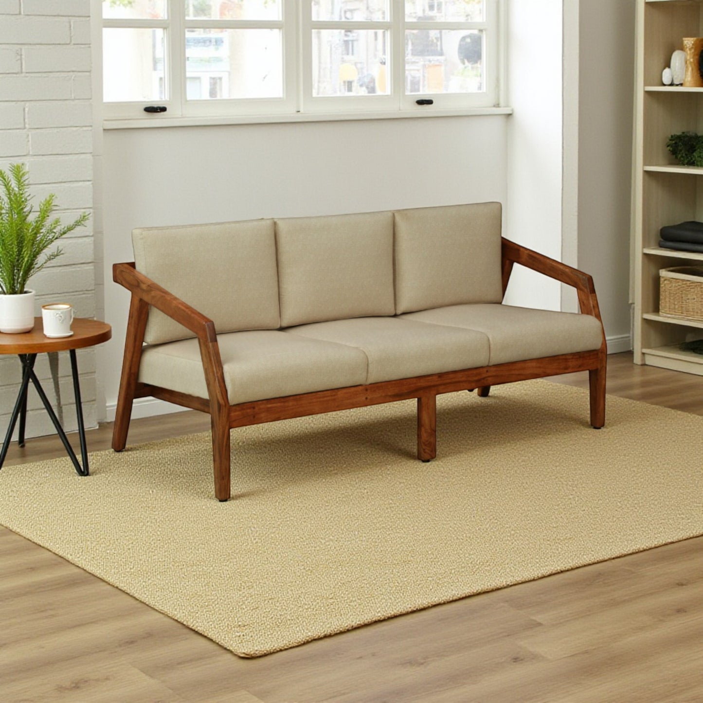 Wood Curls Arden Acacia Wood 3-Seater Sofa in Beige Upholstery