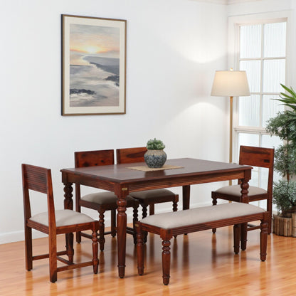 Wood Curls Regalia Sheesham Wood 6 Seater Dining Set In Honey Oak Finish With Bench
