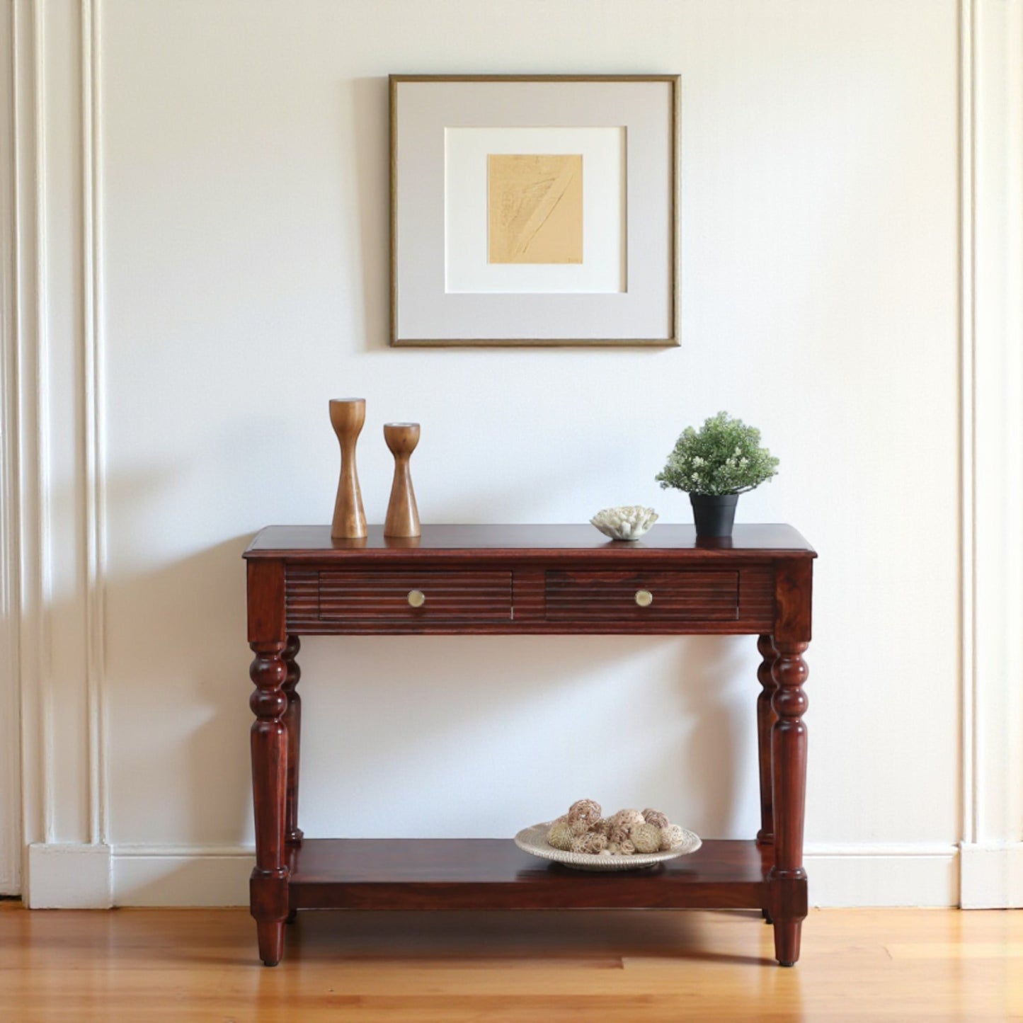Wood Curls Aurea  Sheesham Wood Console Table In Honey Oak Finish With Drawers