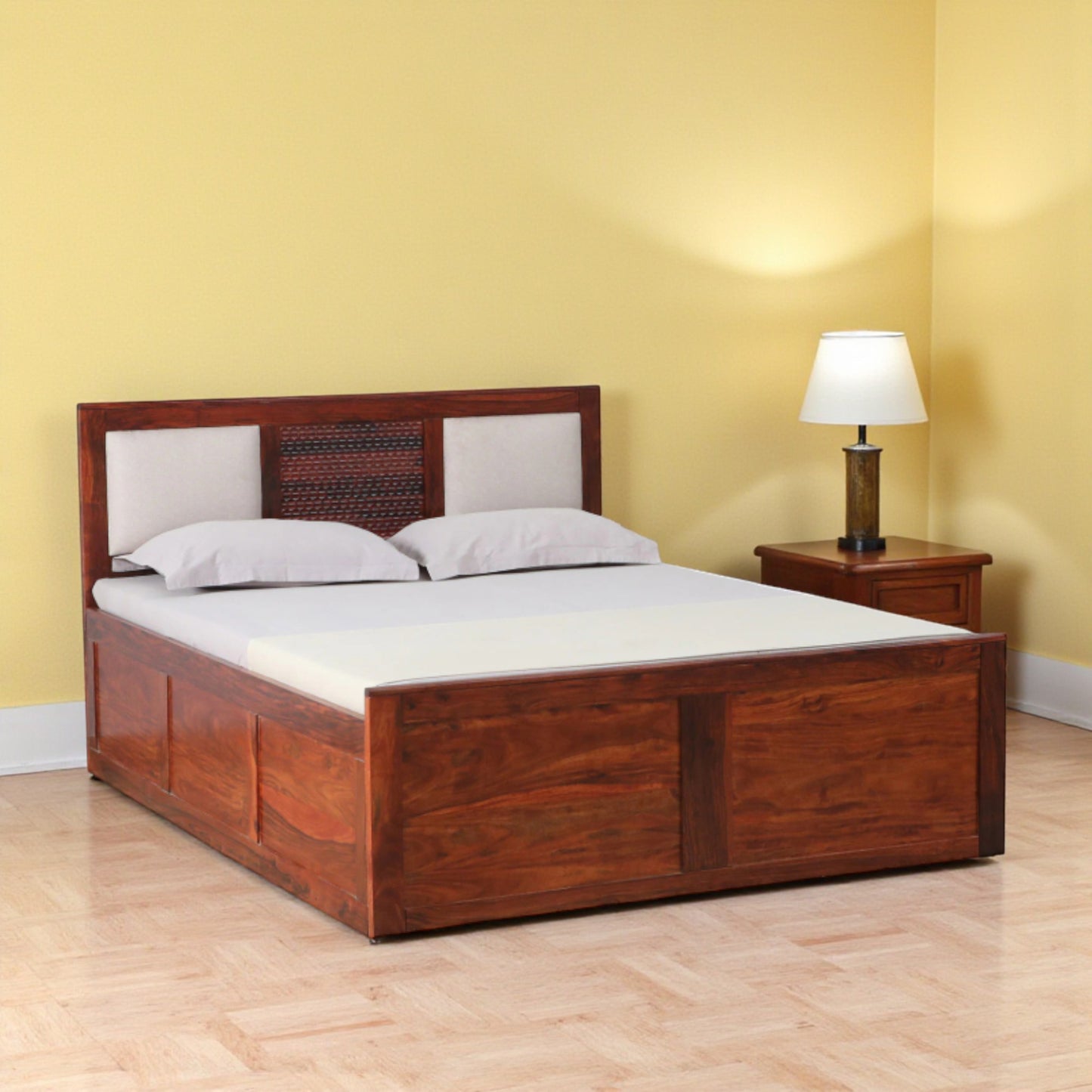 Wood Curls Arbor Queen Size Sheesham Wood Bed In Honey Oak Finish With Box Storage