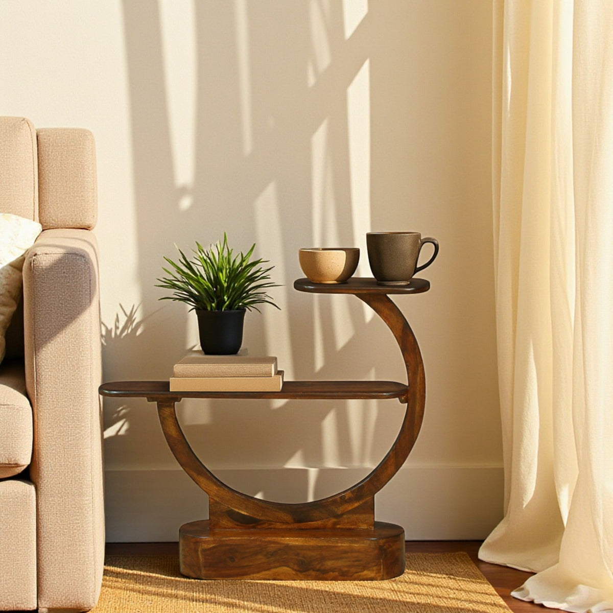 Curvea sheesham wood end table walnut finish

solid wood side table dual tier

handcrafted wooden accent table

walnut finish bedside table