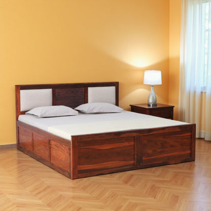 Wood Curls Arbor Sheesham Wood King Size Bed In Honey Oak Finish With Box Storage