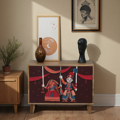 Wood Curls Mango Wood Hand-Painted Two-Door Cabinet – Multicolor Puppet Art Design, Natural Finish