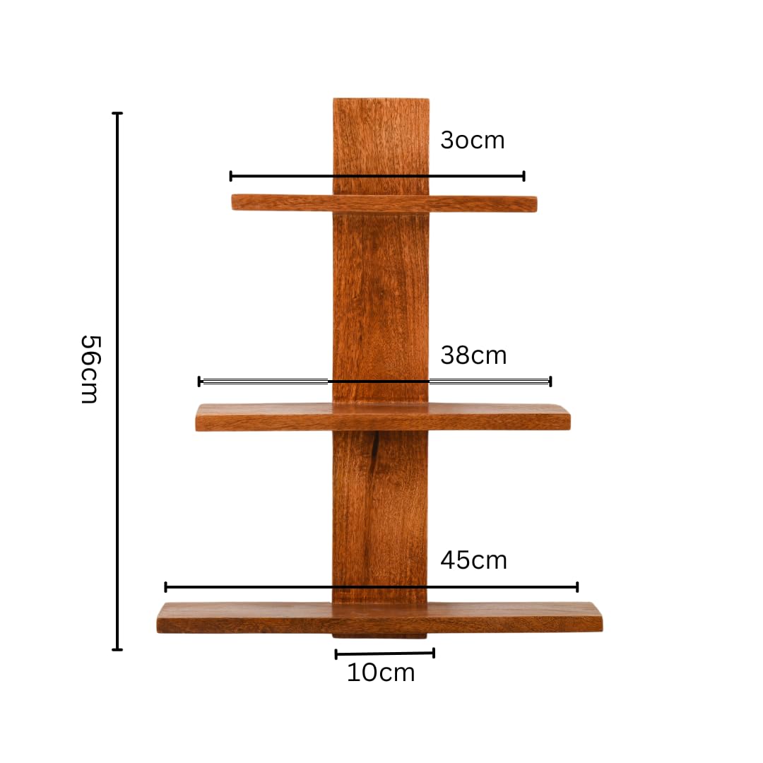 WOOD CURLS 3-tier wall-mounted mango wood shelf with natural brown finish and dimensions for home decor storage